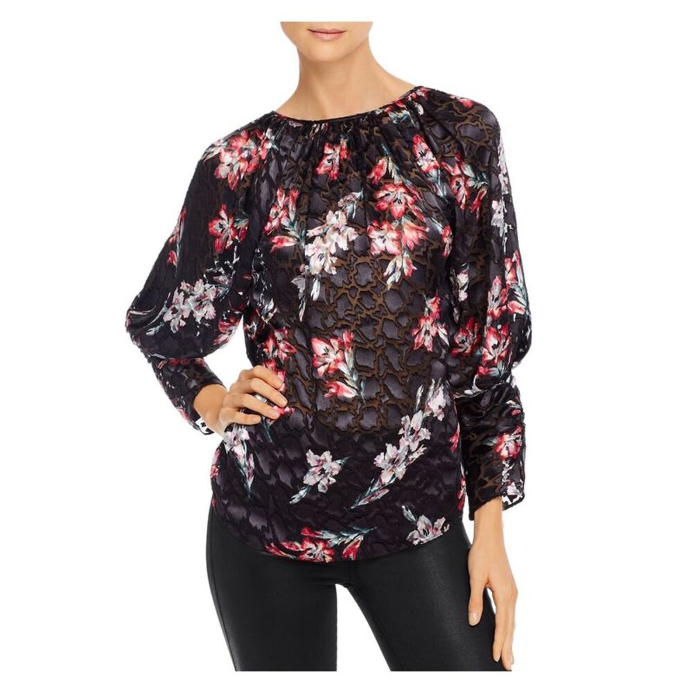 REBECCA TAYLOR Womens Black Sheer Floral Long Sleeve Keyhole Blouse Size: 2